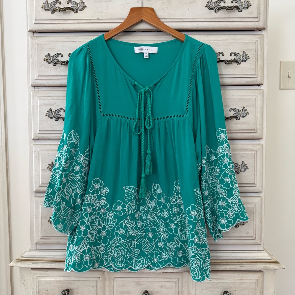 Green Forest Fairy Embroidered Blouse Top